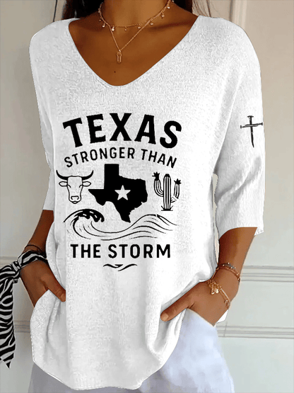 🙏💔Join us in praying for Texas.🙏Women's Texas Strong Than The Storm Striped Fabric Casual V Neck T-Shirt