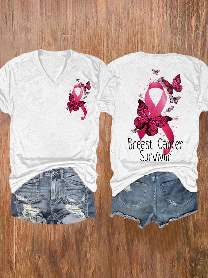 Breast Cancer Survivor Pink Ribbon And Butterfly Print Short Sleeve Casual T-Shirt