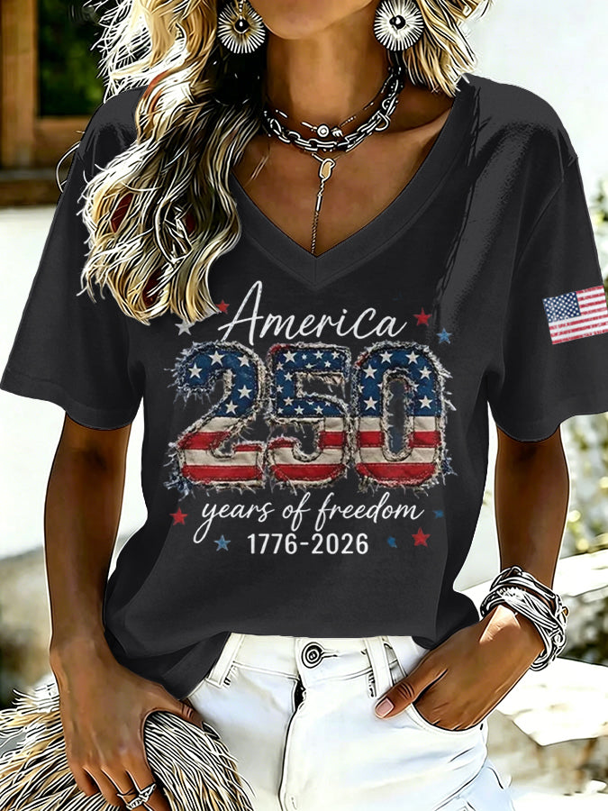 Ladies' Casual American 250Th Anniversary Celebration Personalized Printed V-Neck Short Sleeved Shirt