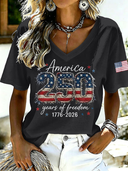 Ladies' Casual American 250Th Anniversary Celebration Personalized Printed V-Neck Short Sleeved Shirt