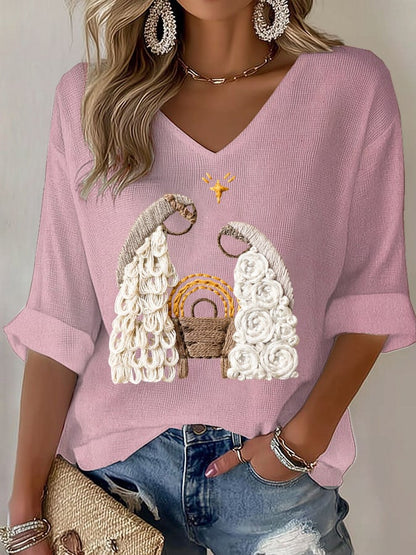 Women's Nativity Print V Neck T-shirt