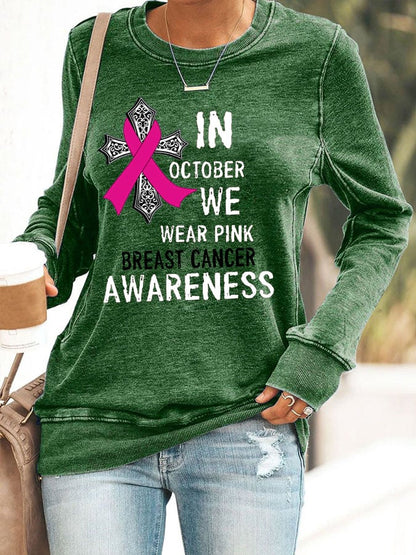Women's In October We Wear Pink Breast Cancer Awareness Print Casual Crew Neck Sweatshirt