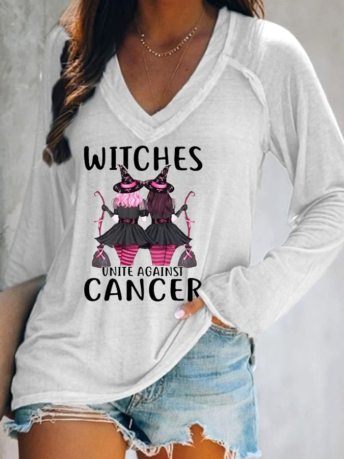Women's Witches Unite Against Cancer V-Neck Long-Sleeve T-Shirt