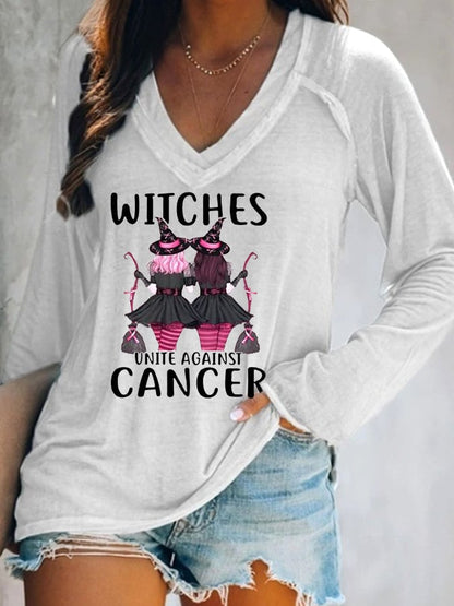Women's Witches Unite Against Cancer V-Neck Long-Sleeve T-Shirt