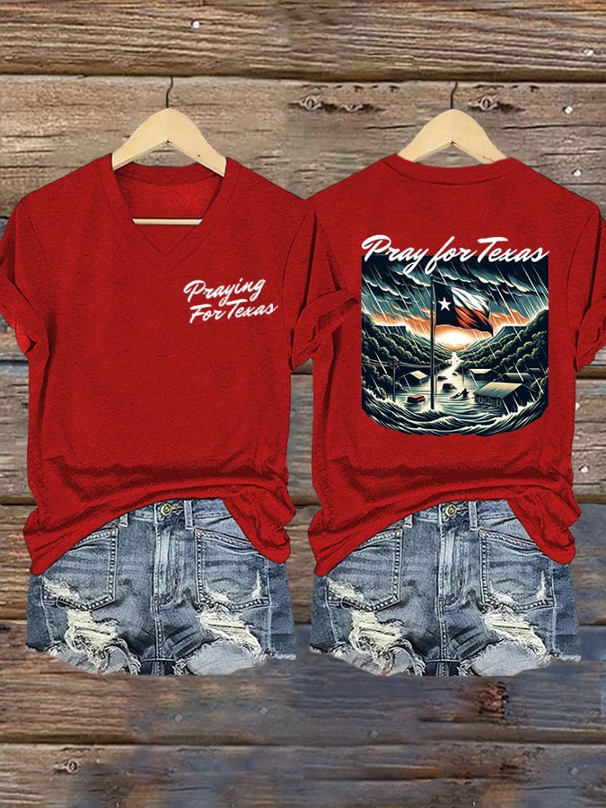 🙏💔Join us in praying for Texas.🙏Women's Texas Flood Print V-Neck T-Shirt