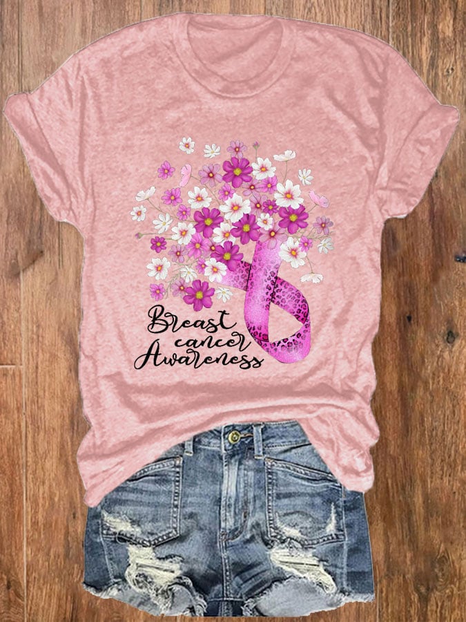 Women's Floral Breast Cancer Awareness Pink Ribbon Print Crewneck T-Shirt