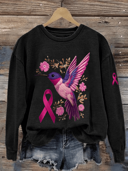 Women's Breast Cancer Awareness Hummingbird Print Crew Neck Sweatshirt
