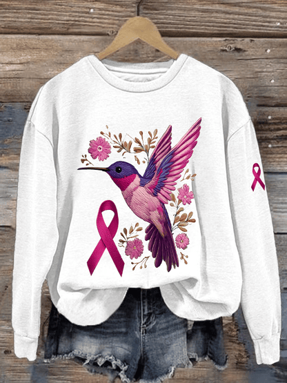 Women's Breast Cancer Awareness Hummingbird Print Crew Neck Sweatshirt