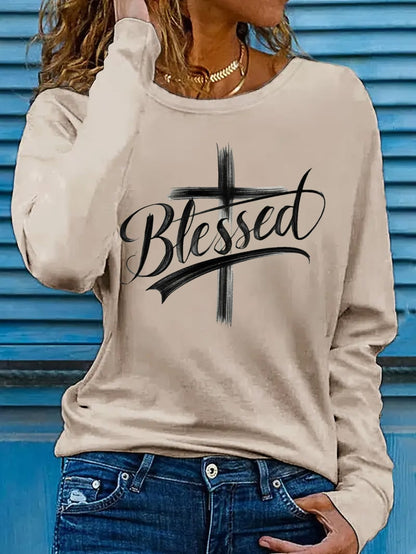 Women's Blessed Cross Jesus Printed Long Sleeve T-Shirt