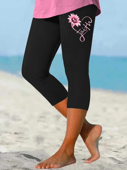 Women's Pink Ribbon Faith Breast Cancer Warrior Supporter Cropped Leggings