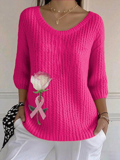 Women's Casual Retro Pink Rose Sweater