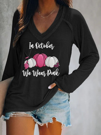Women's Breast Cancer In October We Wear Pink Printed V-Neck T-Shirt