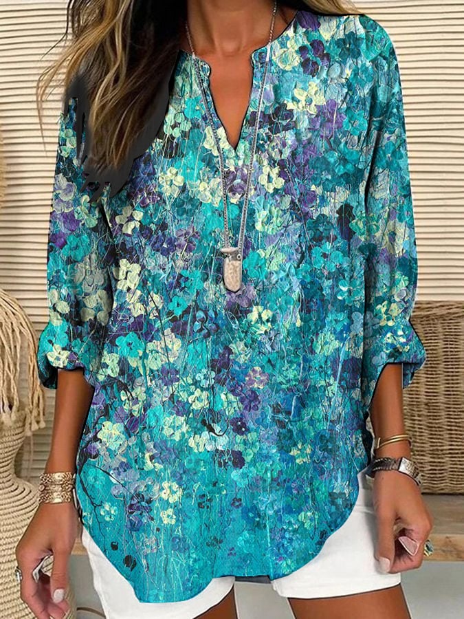 Women's Casual Retro Purple Art Cotton And Linen Shirt