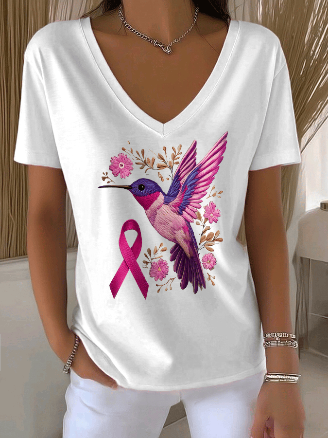 Women's Breast Cancer Awareness Hummingbird Print V-Neck T-Shirt