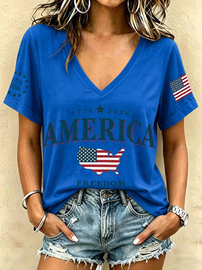 Women'S Retro Independence Day Printed Casual Short Sleeved T-Shirt