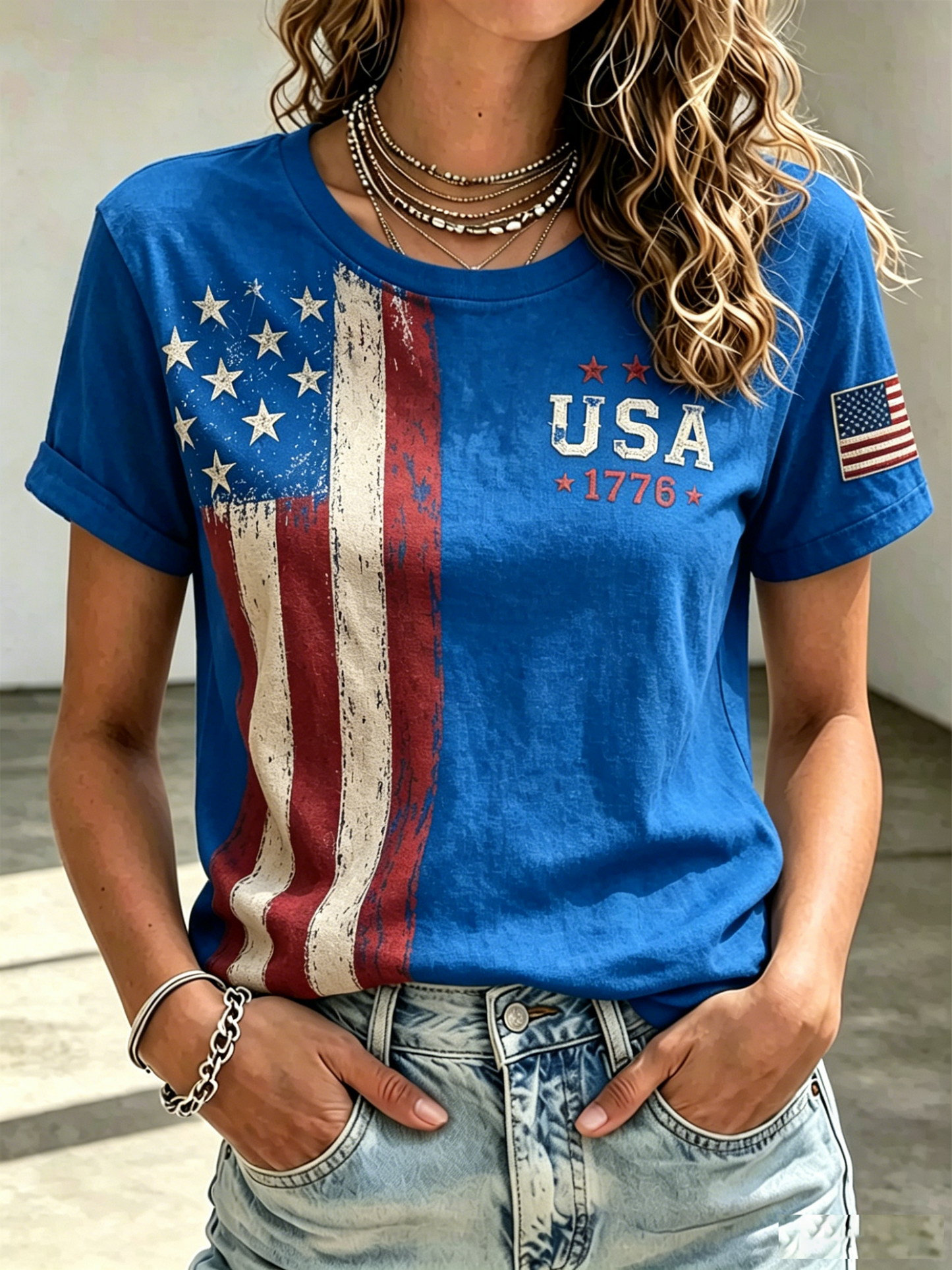 Ladies' Casual American 250Th Anniversary Commemorative Round Neck Short Sleeved T-Shirt