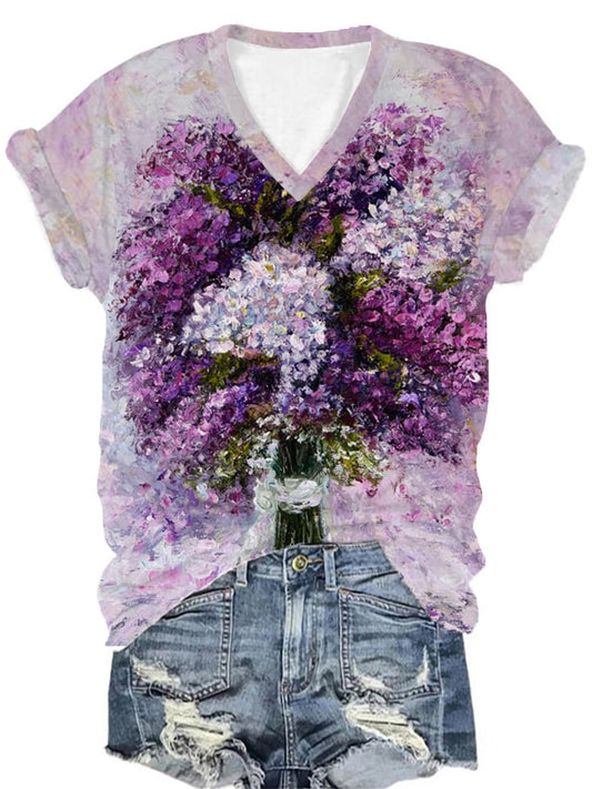 Women's Alzheimer's Purple Oil Painting Print V-Neck T-Shirt