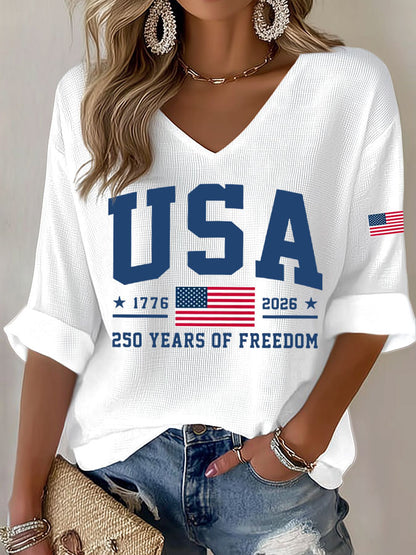 Women'S America Flag Print Waffle T-Shirt