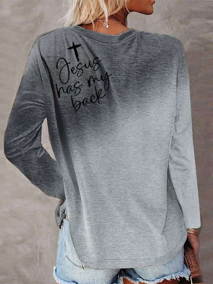Women's Love Like Jesus Jesus Has My Back Gradient Letter Print T-shirt