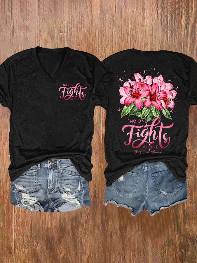 No One Fights Alone Breast Cancer Awareness Lily Flowers Anf Pink Ribbon Breast Cancer Print Short Sleeve Casual T-Shirt
