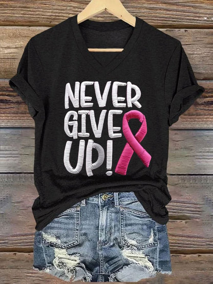 Never Give Up Women's Breast Cancer Awareness Print T-Shirt