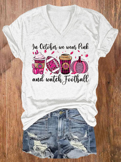 Women's In October We Wear Pink and Watch Football Breast Cancer Awareness T-Shirt