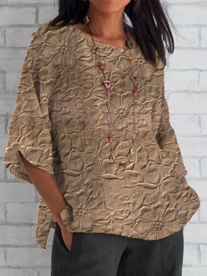 Women's Purple Art Floral Cotton And Linen Top