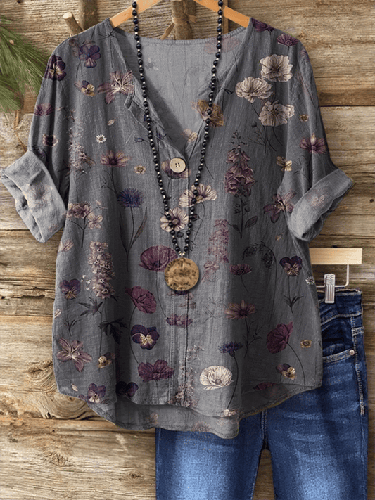 Women's Vintage Botanical Floral Art Print Button-Up Shirt