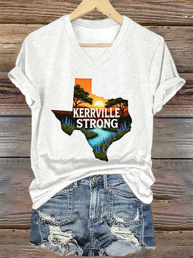 🙏💔Join us in praying for Texas.🙏V-Neck Retro Kerrville Strong Print T-Shirt