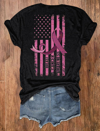 Women's Sunflower Pink Ribbon Flag Breast Cancer Awareness Print V-Neck T-Shirt