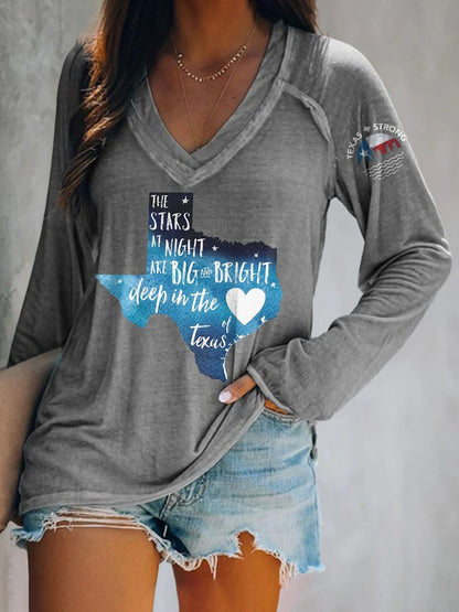 🙏💔Join us in praying for Texas.🙏V-neck Retro Texas Strong The Stars At Night Are Big And Bright Deep In The Heart Of Texas Print T-Shirt