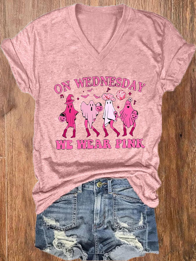 Women's Halloween Breast Cancer On Wednesdays We Wear Pink Howdy Pink Ribbon Ghost Print V-Neck T-Shirt
