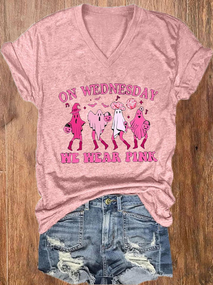 Women's Halloween Breast Cancer On Wednesdays We Wear Pink Howdy Pink Ribbon Ghost Print V-Neck T-Shirt