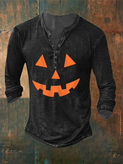Men's Halloween Pumpkin Face Print Casual Long Sleeve Button Top