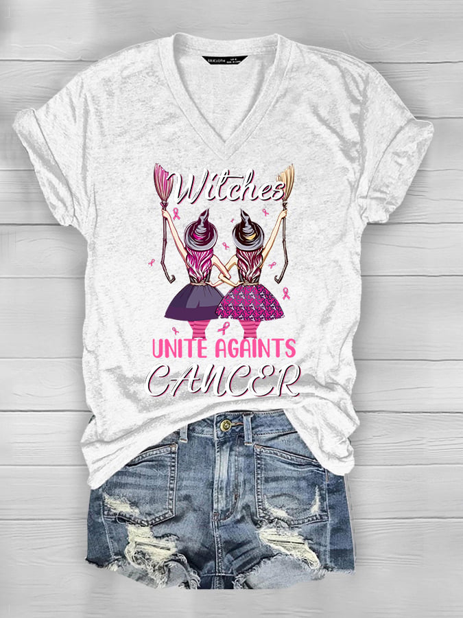 Women's Witches Unite Against Cancer Breast Cancer Awareness V-Neck Tee