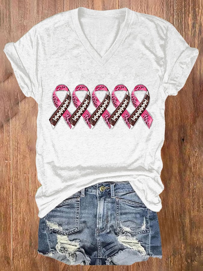 Women's Casual Breast Cancer Ribbon Print Short Sleeve T-Shirt