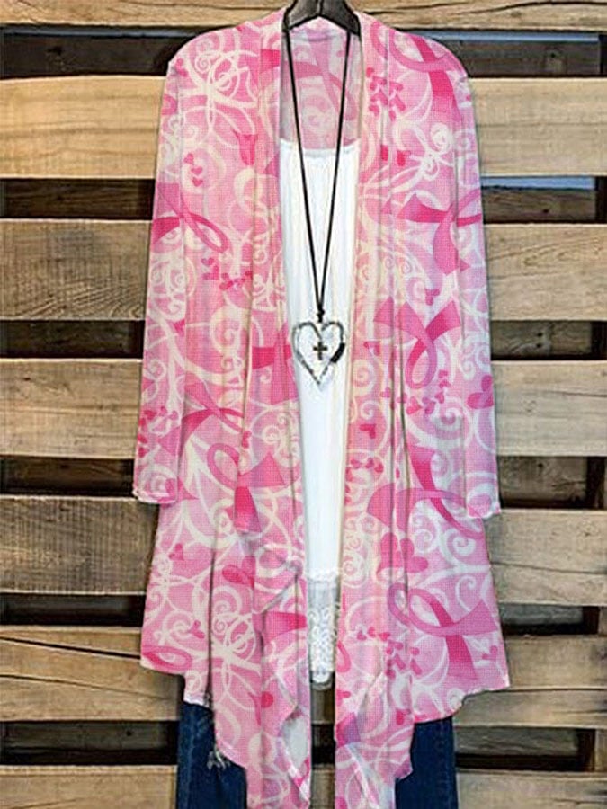 Women's Breast Cancer Awareness Pink Floral Print Casual Cardigan