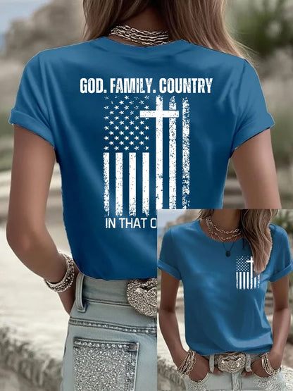 Women's God Family Country In That Order Print Round Neck T-shirt
