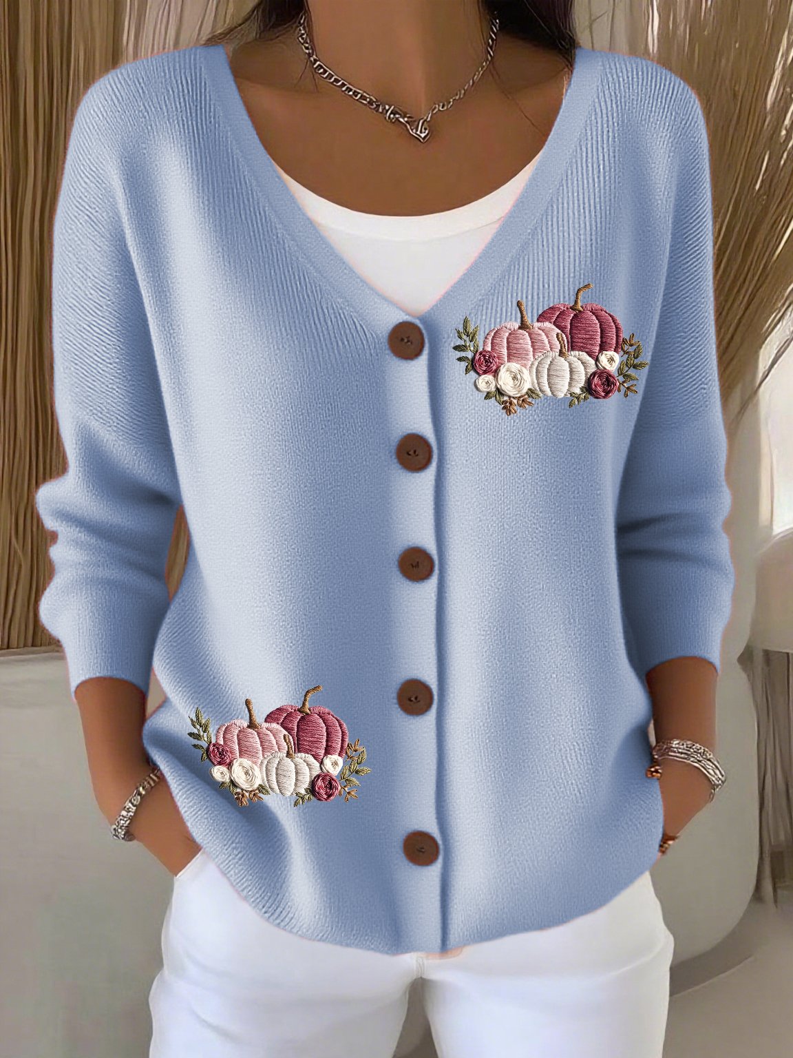 Women's Casual Autumn And Winter Pink Pumpkin Cardigan