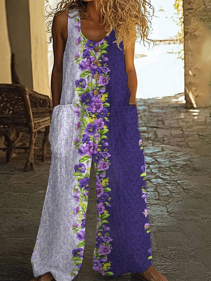 Women's Purple oil painting flowers Print Casual Jumpsuit