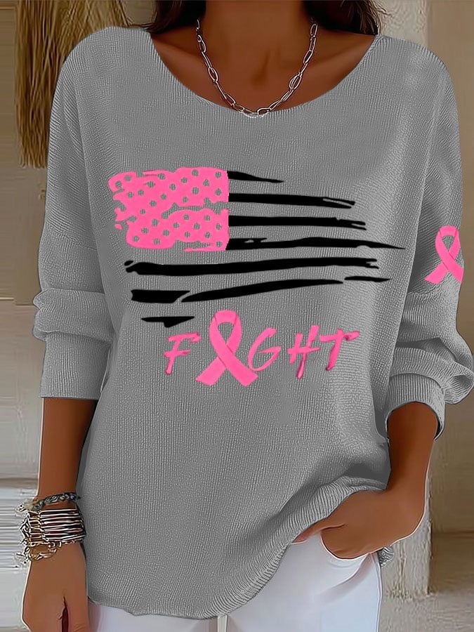 Women's Breast Cancer Ribbon American Flag Print Knitted Top