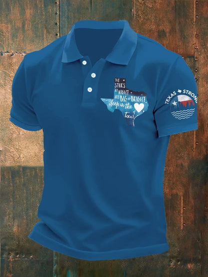 🙏💔Join us in praying for Texas.🙏Men's Retro Texas Strong The Stars At Night Are Big And Bright Deep In The Heart Of Texas Printed Polo Shirt
