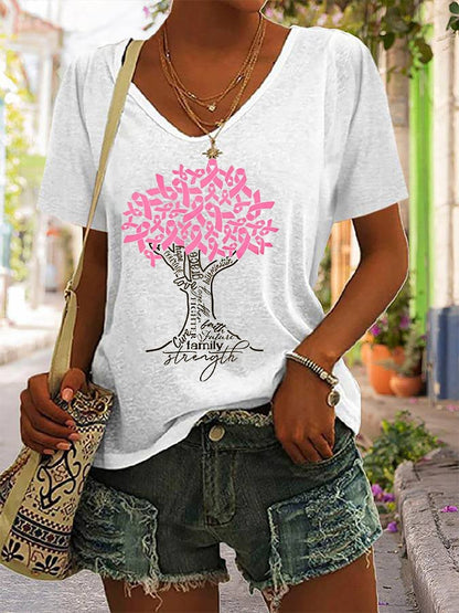 Women's Breast Cancer Awareness Cancer Fighter Pink Ribbon Tree Printed V-Neck Tee