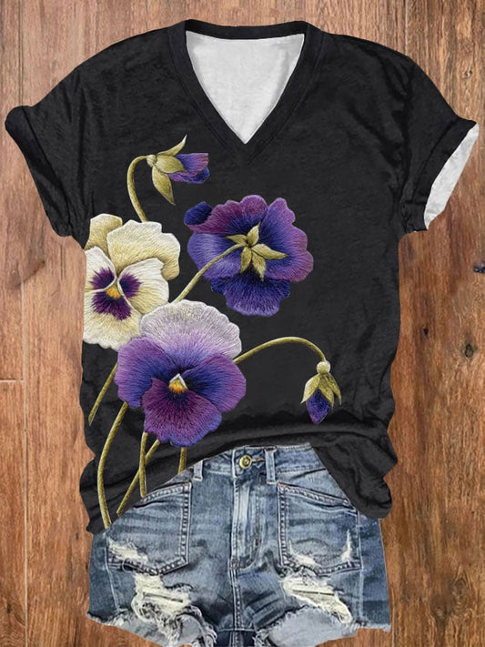 Women's Alzheimer's Purple Floral Print V-Neck T-Shirt