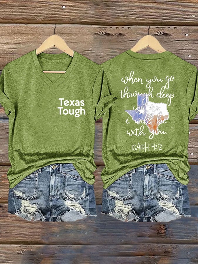 🙏💔Join us in praying for Texas.🙏V-Neck Retro Texas Tough When You Go Through Deep Waters, I Will Be With You. Isaiah 43:2 Print T-Shirt