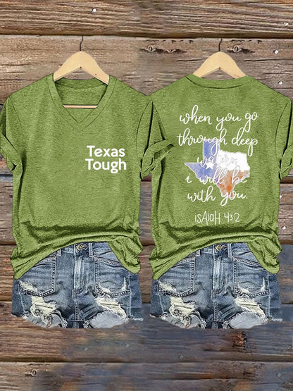 🙏💔Join us in praying for Texas.🙏V-Neck Retro Texas Tough When You Go Through Deep Waters, I Will Be With You. Isaiah 43:2 Print T-Shirt