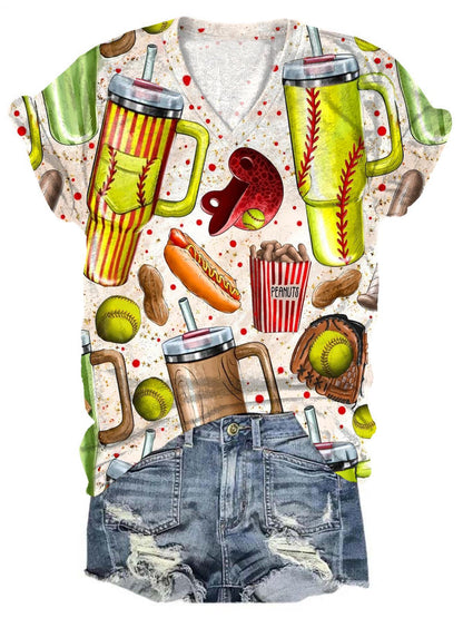 Softball Cups & Snack Print V-Neck T-Shirt