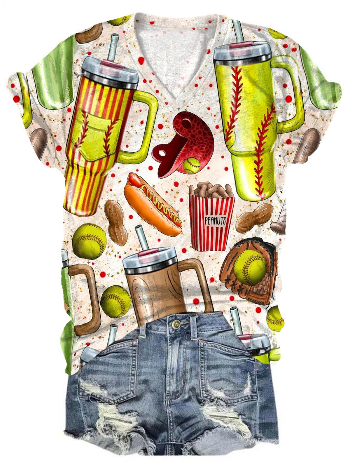 Softball Cups & Snack Print V-Neck T-Shirt
