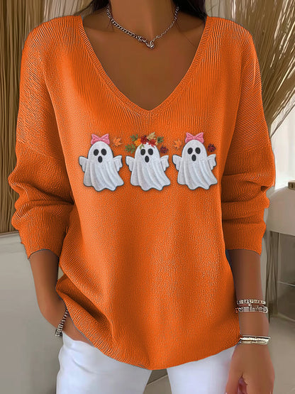Women's Casual Pink Ghost Stripe Long-Sleeved V-Neck Top