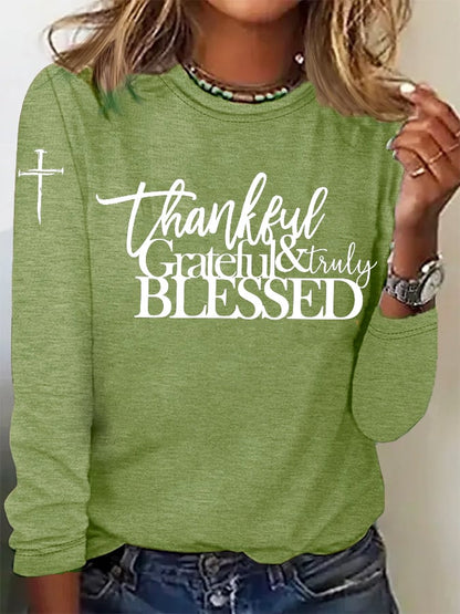 Women's casual retro Grateful Thankful Blessed long-sleeved T-shirt